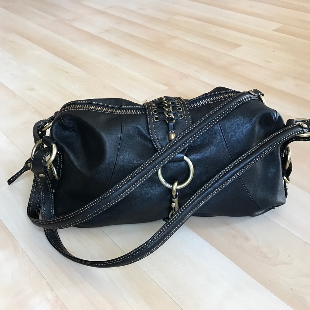 Via Spiga Black Leather Shoulder Satchel with Brass Ring Accents 
9 1/2 by 14”